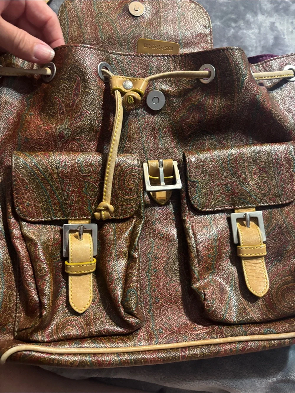 Etro Brown Paisley Drawstring Backpack with Tan Trim